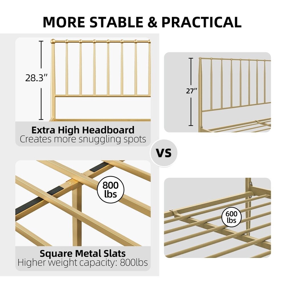 Gold Bed Frame with Metal Headboard and Footboard