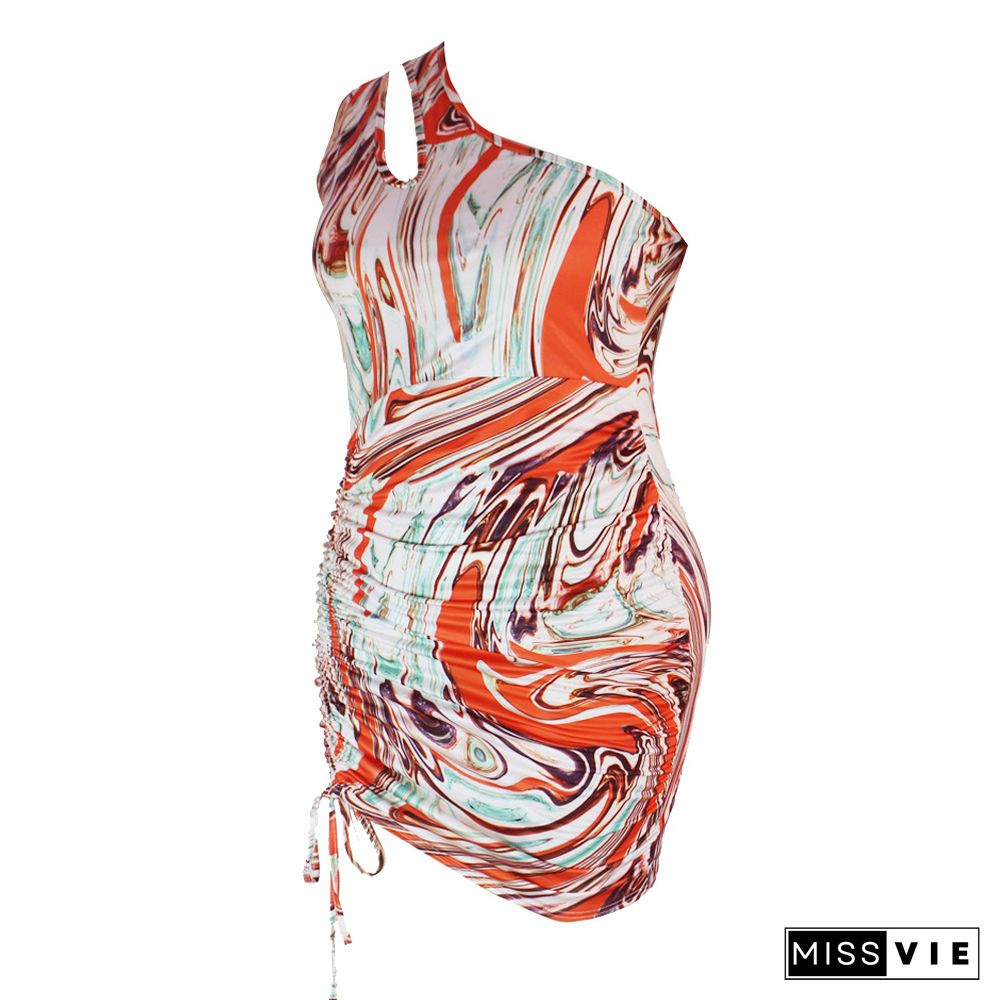 Plus Size Tie Dye One Shoulder Sleeveless Drawstring Ruched Bodycon Party Club Summer Women Dress