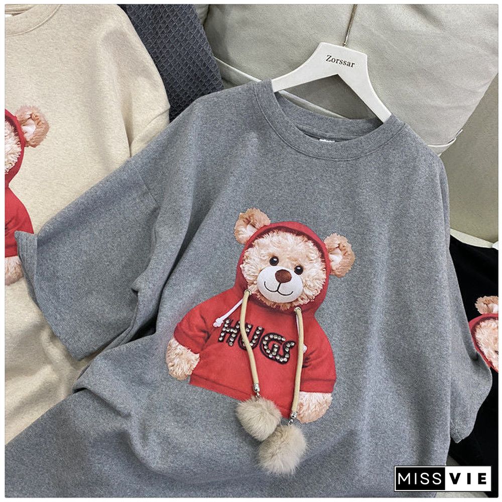 Harajuku Fur Ball Tshirt Summer Women Cotton Half Sleeve Round Neck T-Shirts Korean Style Kawaii Cute Bear Female Clothes Tops