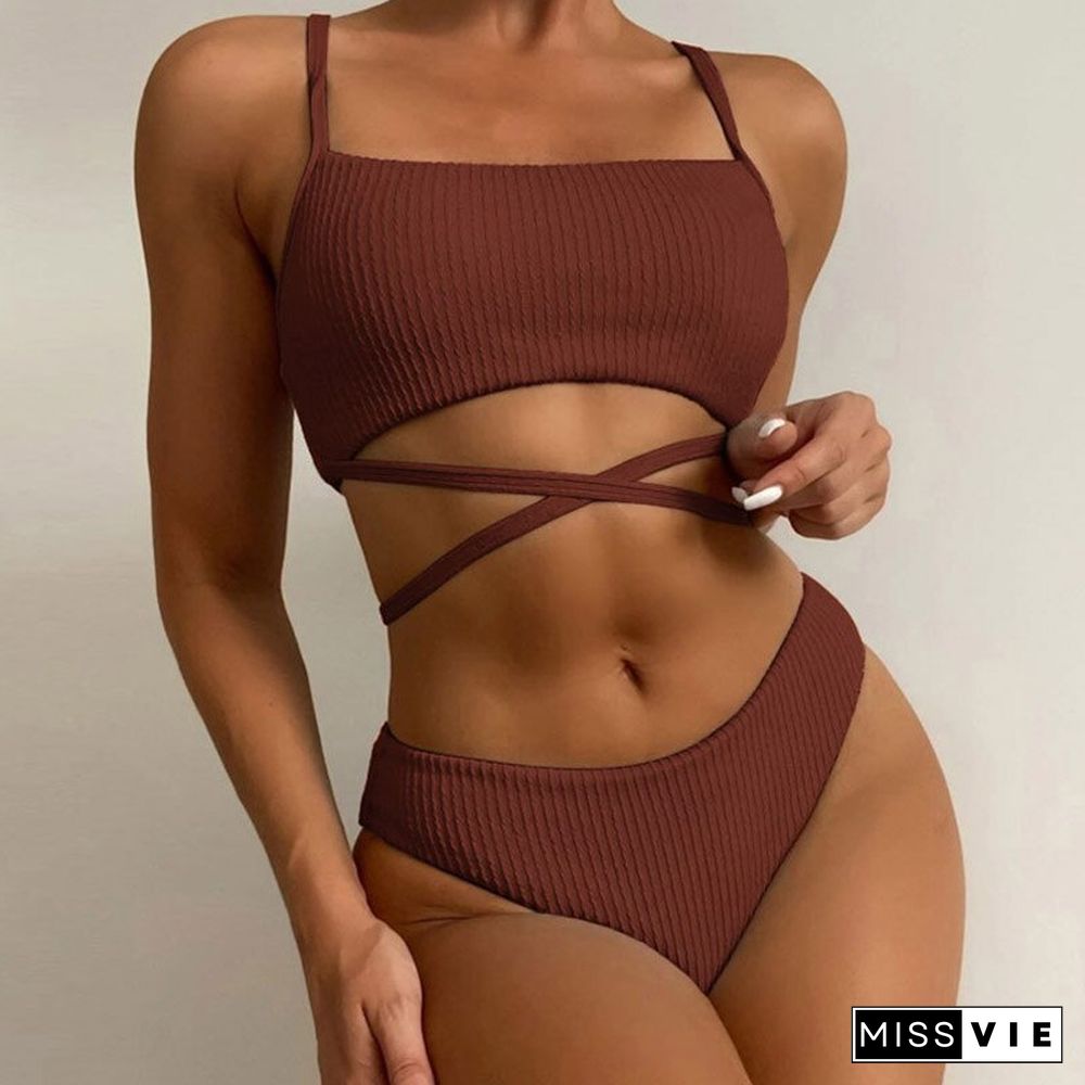 Sexy Bandage Cross Tie-up High Waist Swimwear Women Solid Rib Spaghetti Straps Bikini Set Fashion Backless Push Up Beachwear Set