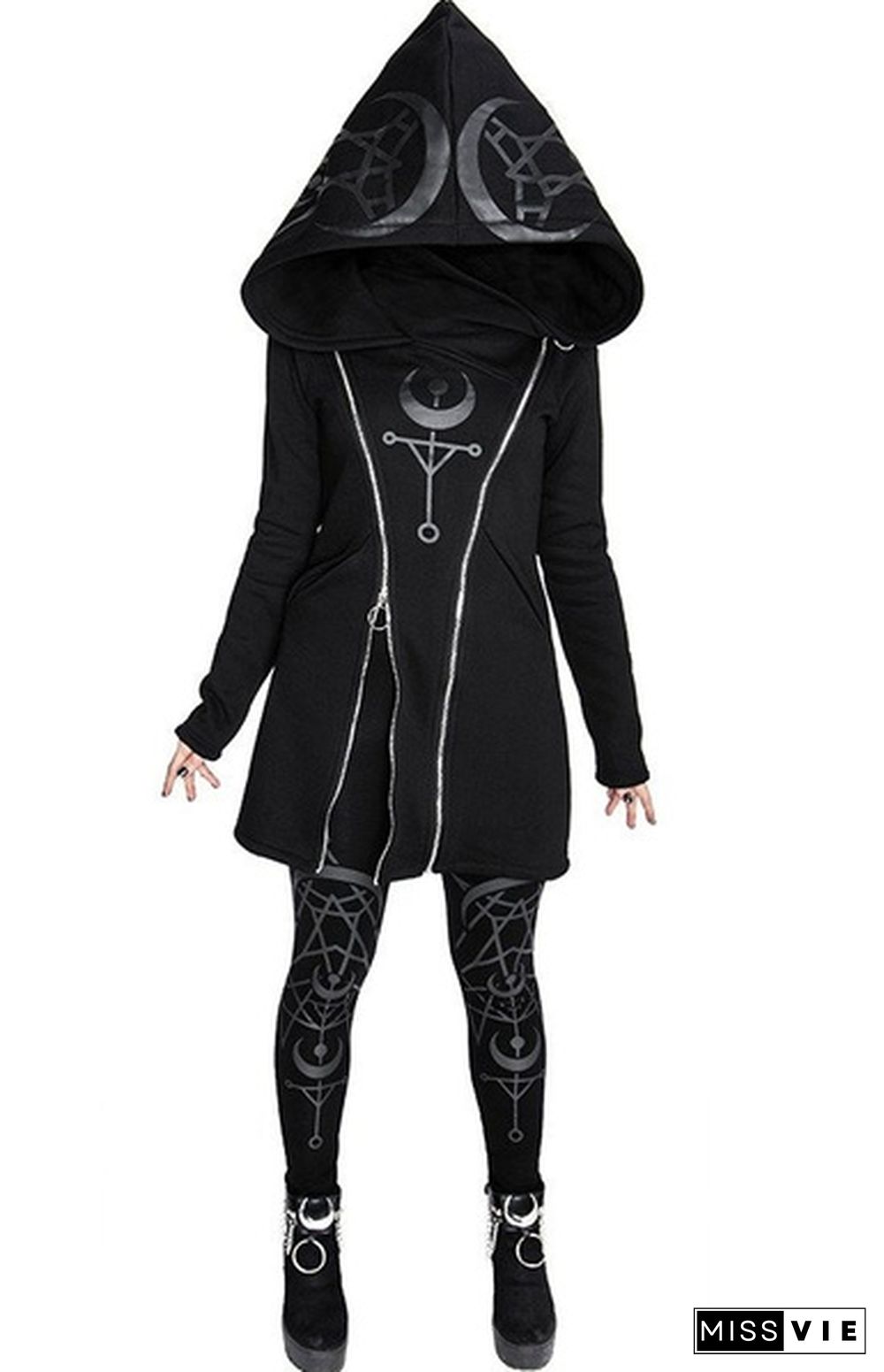 Women Fashion Long Hoodie Black Gothic Double Zipped Jacket with Print Coat Hooded Hoodie Punk Style