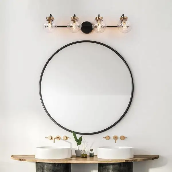 Mid-Century Modern Black Gold 4-Light Bathroom Vanity Lights Globe Glass Wall Sconces