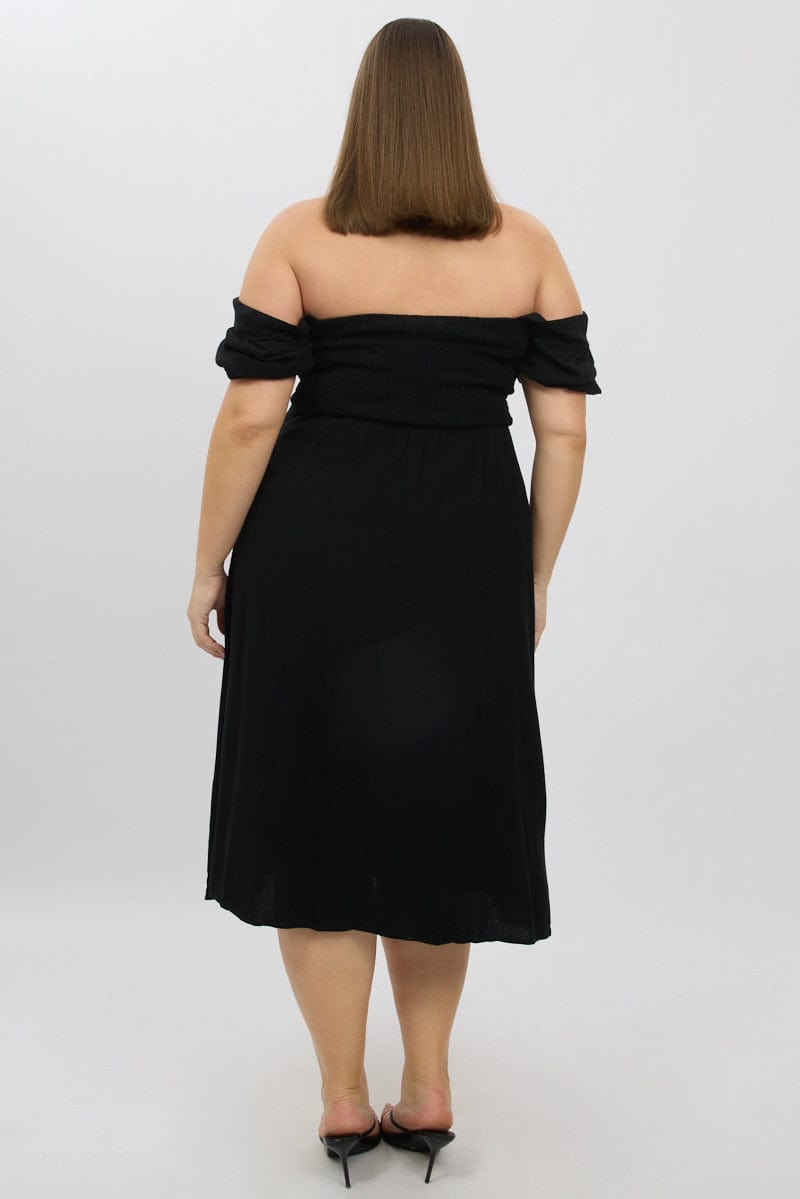 Black Midi Dress Short Sleeve Ruched Bust Linen Blend