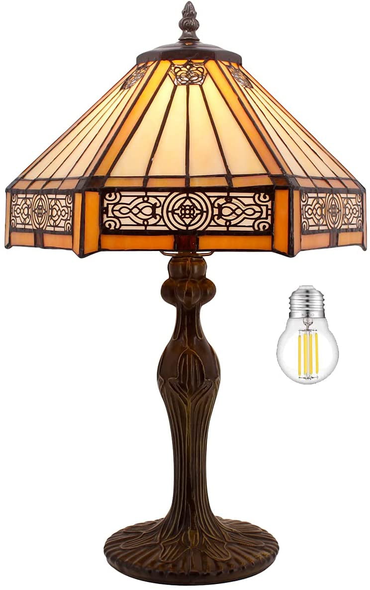 SHADY Tiffany Lamp Yellow Hexagon Stained Glass Mission Style Table Lamp Desk Bedside Reading Light 12X10X18 Inches Decor Bedroom Living Room Home Office S011 Series