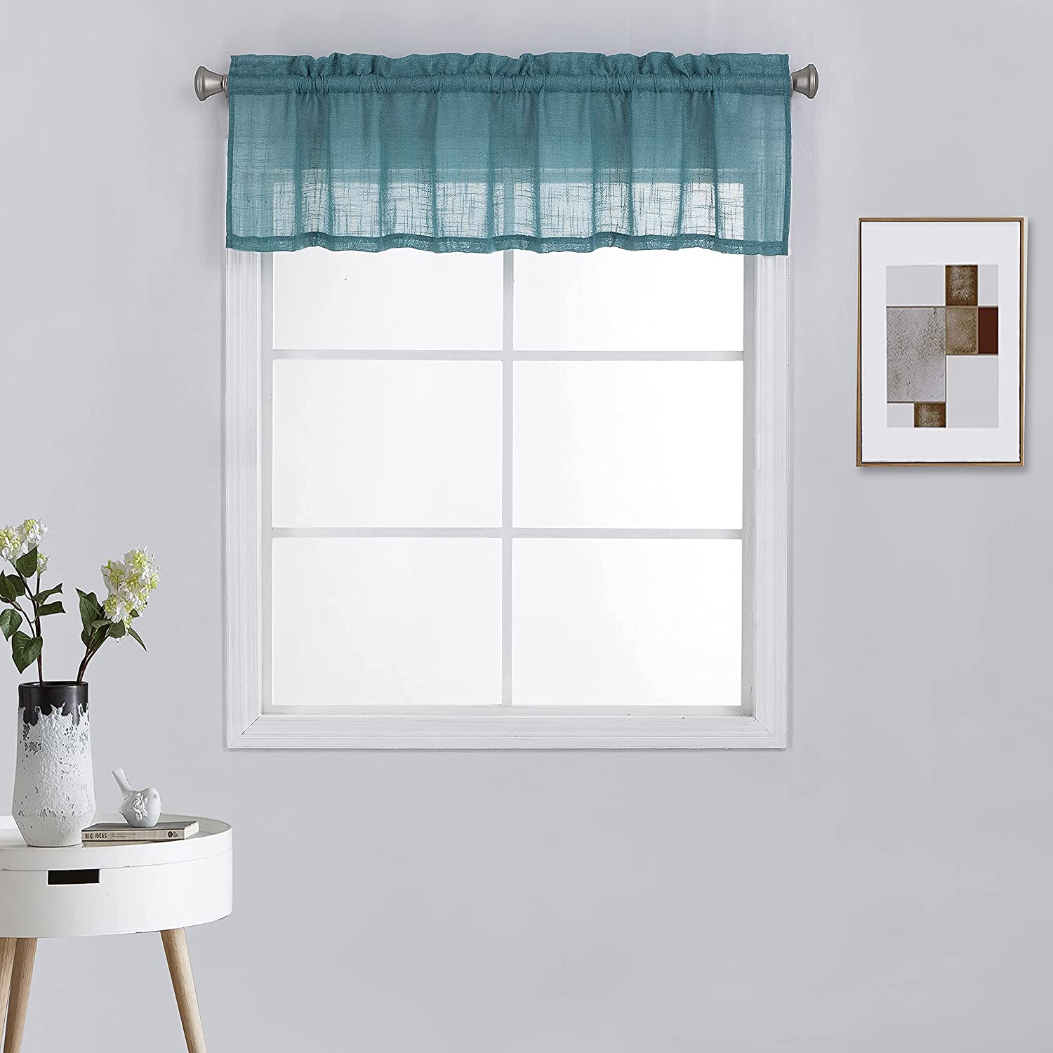 Semi Sheer Privacy Rod Pocket Top Curtain Valance for Small Kitchen & Bathroom Windows 1 Panel (52 W x 18 L, Teal)