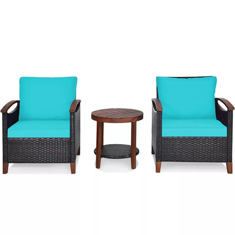 3 Pieces Patio Rattan Furniture Set with Washable Cushion and Acacia Wood Tabletop