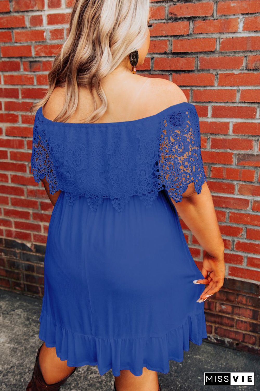 Blue Off-the-shoulder Lace Sleeves Plus size Dress