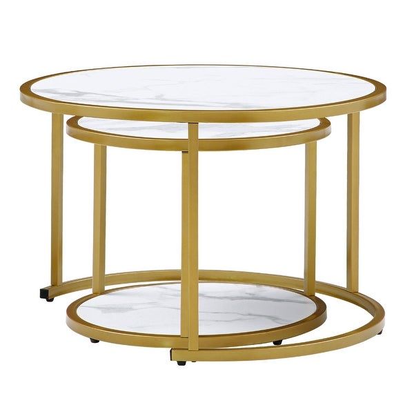 Marble Pattern MDF Top with Metal Frame Nesting Coffee Table Set Of 2， Elegant and Beautiful， Nesting Tables