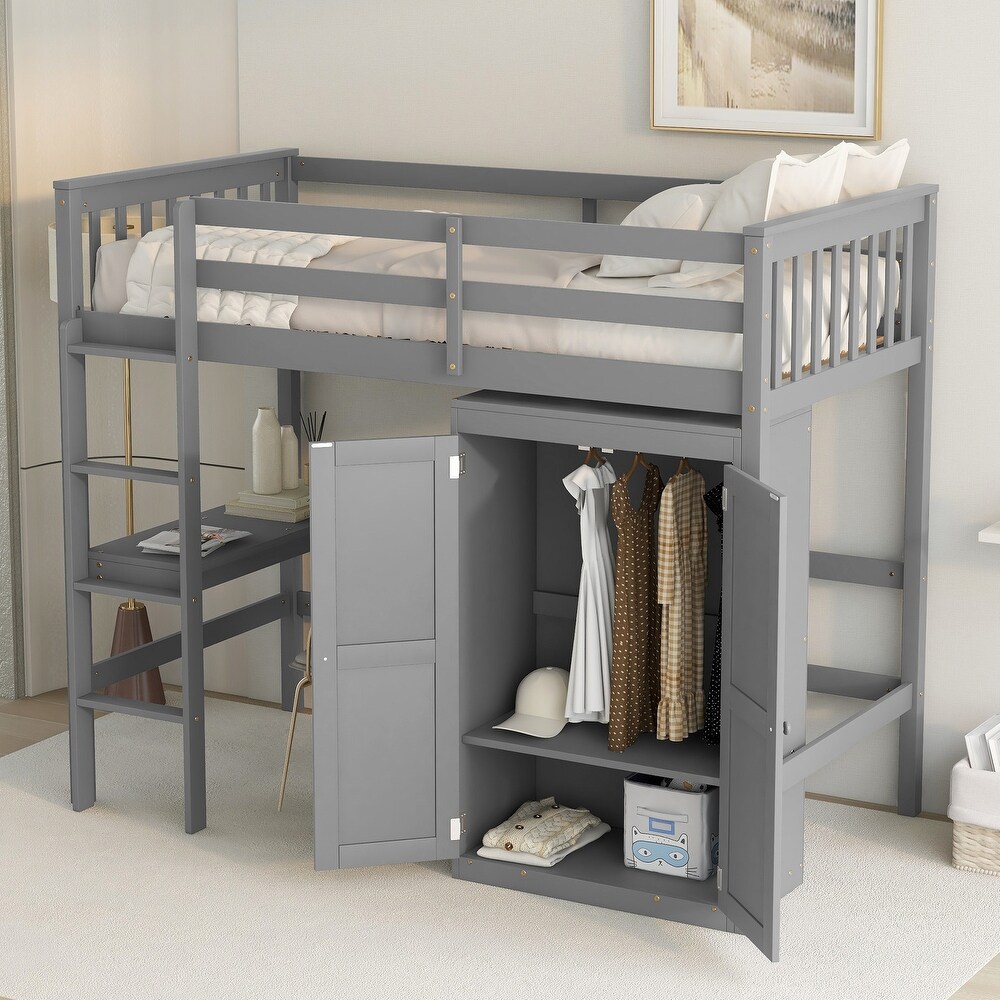 Twin Size Wood Loft Bed with Desk and Wardrobe  Gray