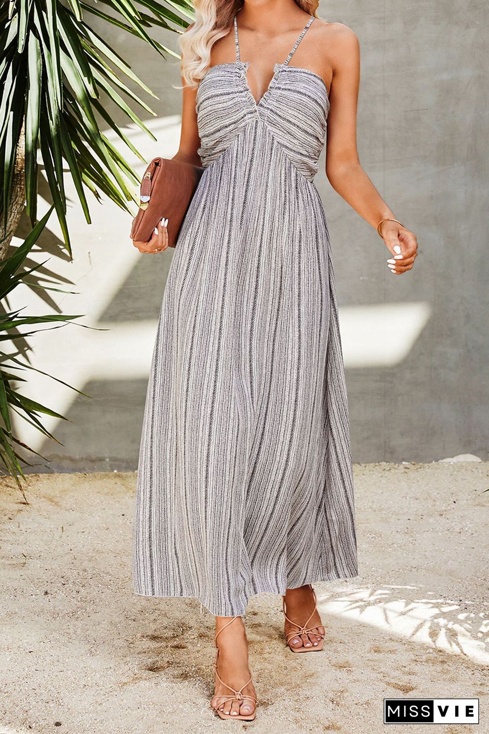 Casual Striped Split Joint Halter Straight Dresses