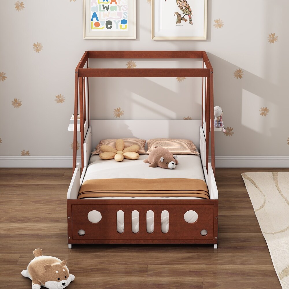 Brown/White Twin Size Car Shaped Platform Bed  Wooden Kids Floor Bed