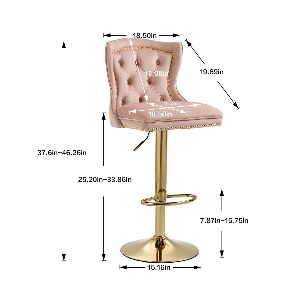 Velvet Upholstered Tufted Swivel Adjustable Height Bar Stools With Golden Footrest(set of 2)