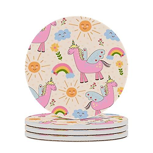 Round Drink Coasters 1 Pcs Unicorn Sun Cloud And Rainbow Absorbent Ceramic Coaster With Cork Base For Coffee Cups Housewarming Gift For Home Decor