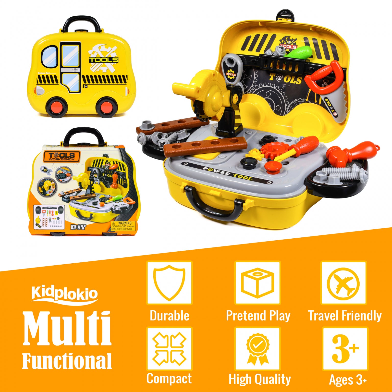 Kidplokio Boys 28pc Tools and Tool Box Work Bench Playset DIY Pretend Play Construction Toys Yellow