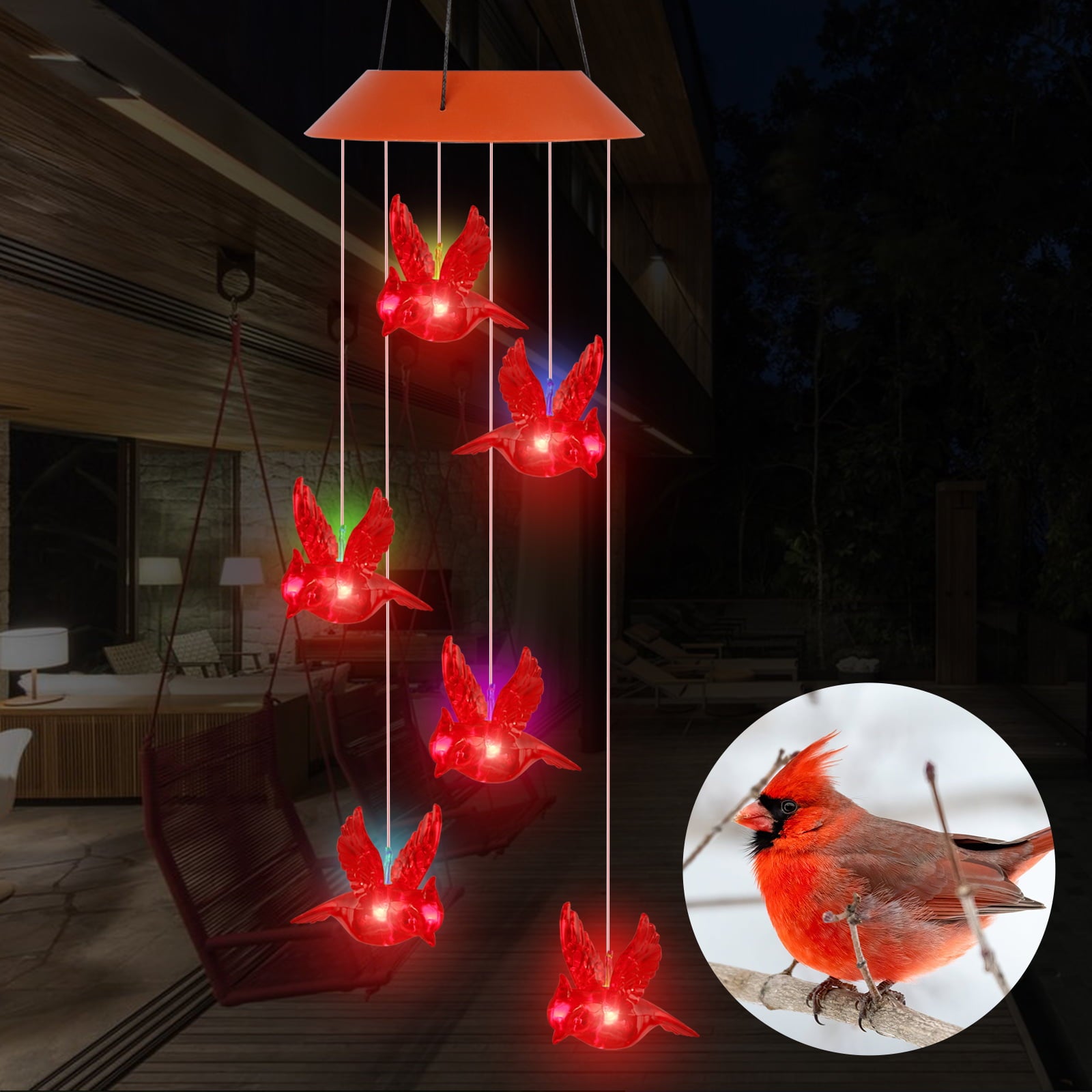 TSV Solar Cardinal Red Bird Wind Chime Lights， LED Outdoor Cardinal Wind Belles with S Hook IP65 Waterproof for Patio Yard Garden Home Decor