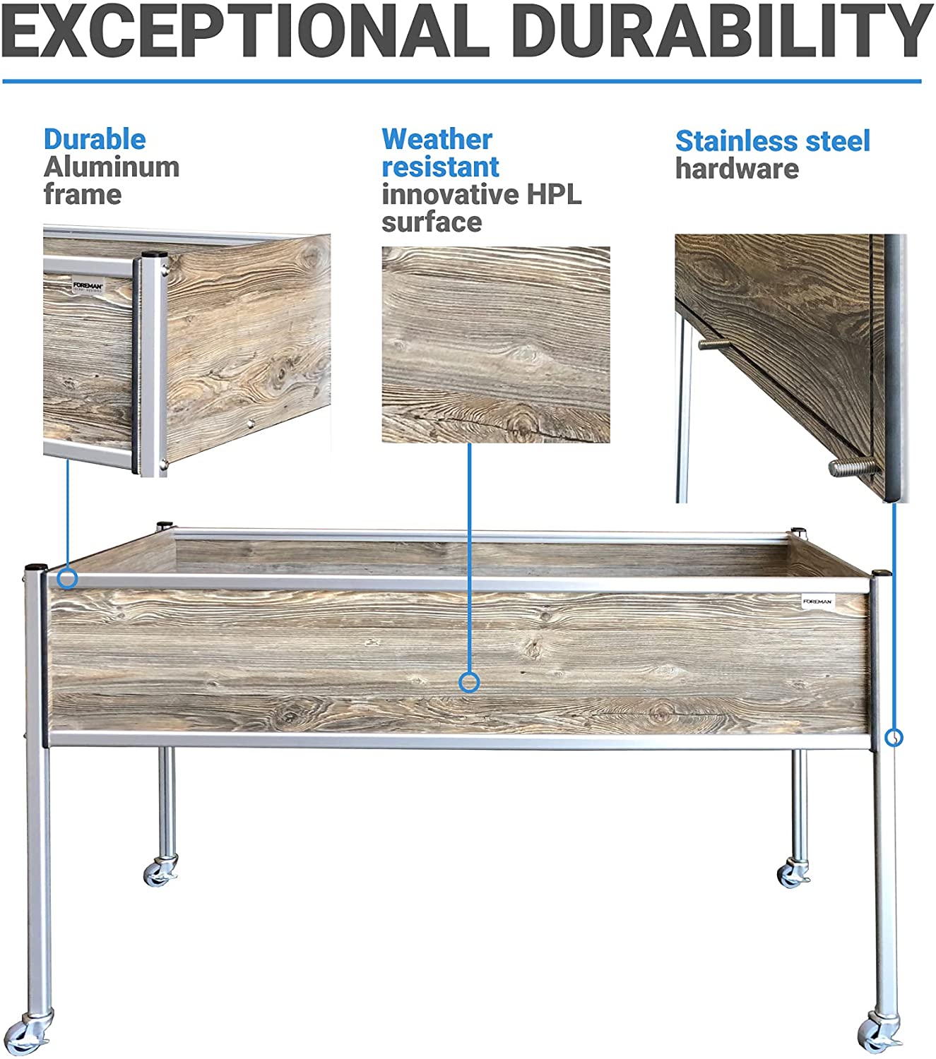 Foreman Raised Garden Bed Planter Box Kit 48" Lx24 Wx32 H 10 Year Warranty Premium HPL Plastic Wood Grain (Amaretto) Aluminum Legs Outdoor Indoor with Lockable Caster Wheels Made in The USA