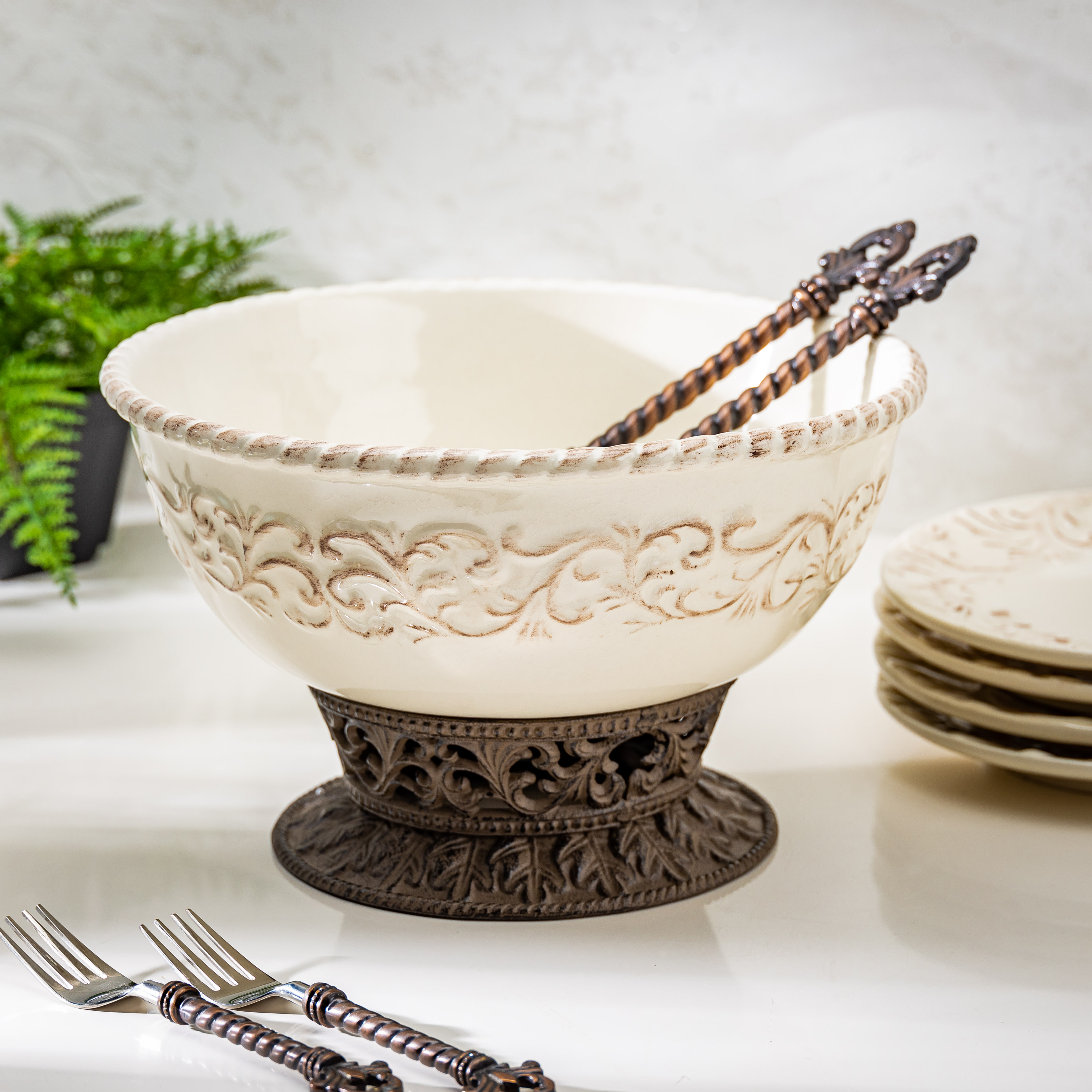 Gerson Detailed Embossed Cream Ceramic 12-Inch Dia. Bowl With Beautiful Acanthus Leaf Scrolled Metal Base