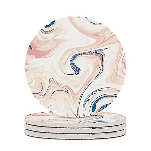 Colourlife Round Drink Coasters 2 Pcs Paint Blue White Marble Effect Absorbent Ceramic Coffee Coasters For Drinks With Cork Base Housewarming Gift For