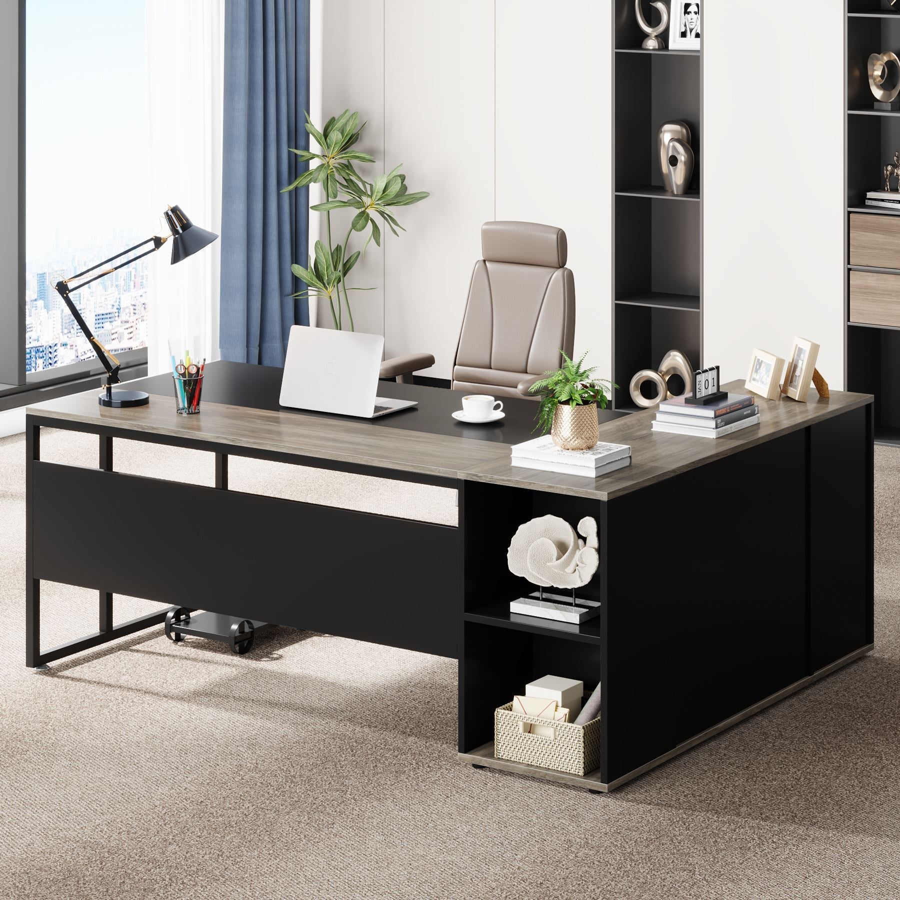 71 inch Executive Desk, L-Shaped Computer Desk with Storage Cabinet