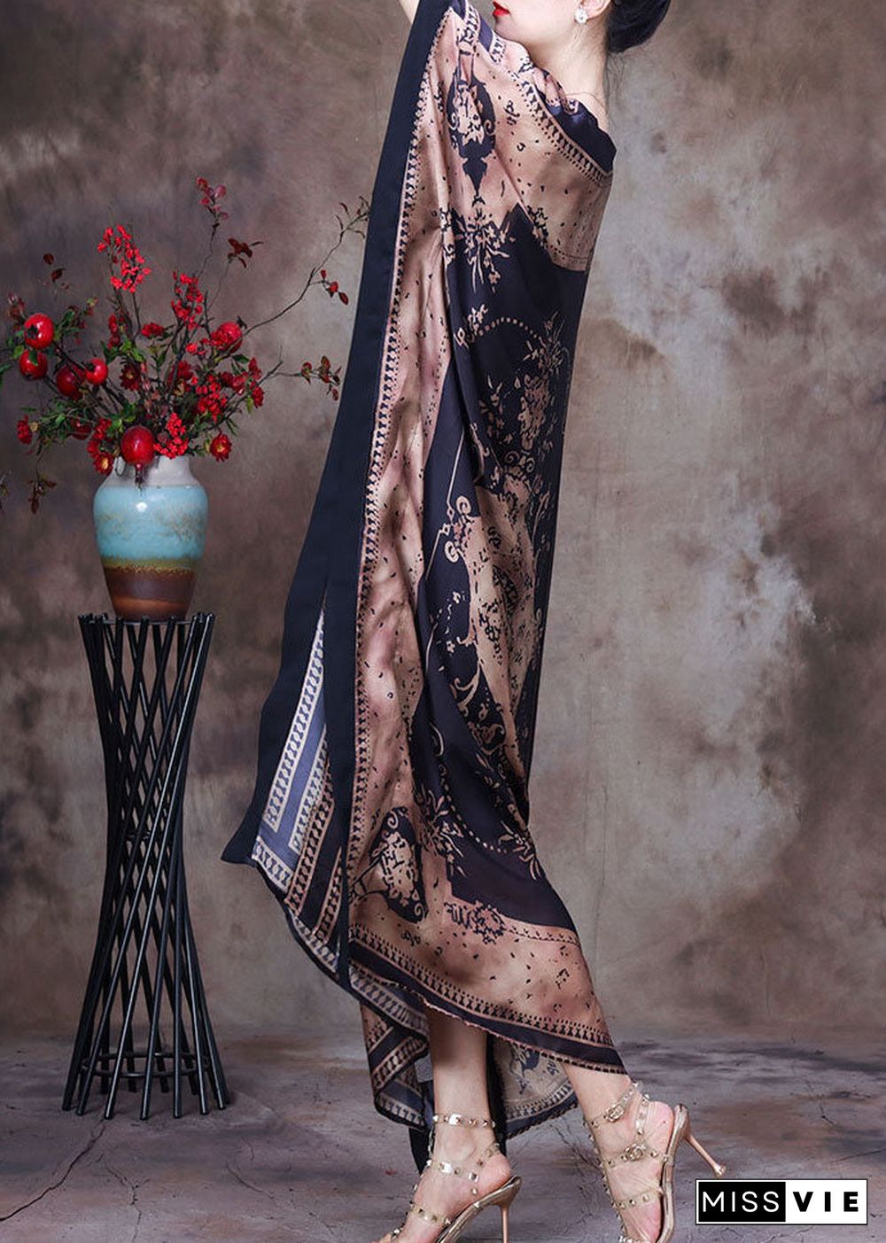 Modern Chocolate O-Neck Print Silk Long Dress Gown Batwing Sleeve