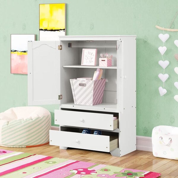 Cute Children's Wardrobe Side Cabinet 2 Doors with 1 Clothes Rail， 1 Shelf， 2 Drawers， Anti-Falling Hardware - - 36073581