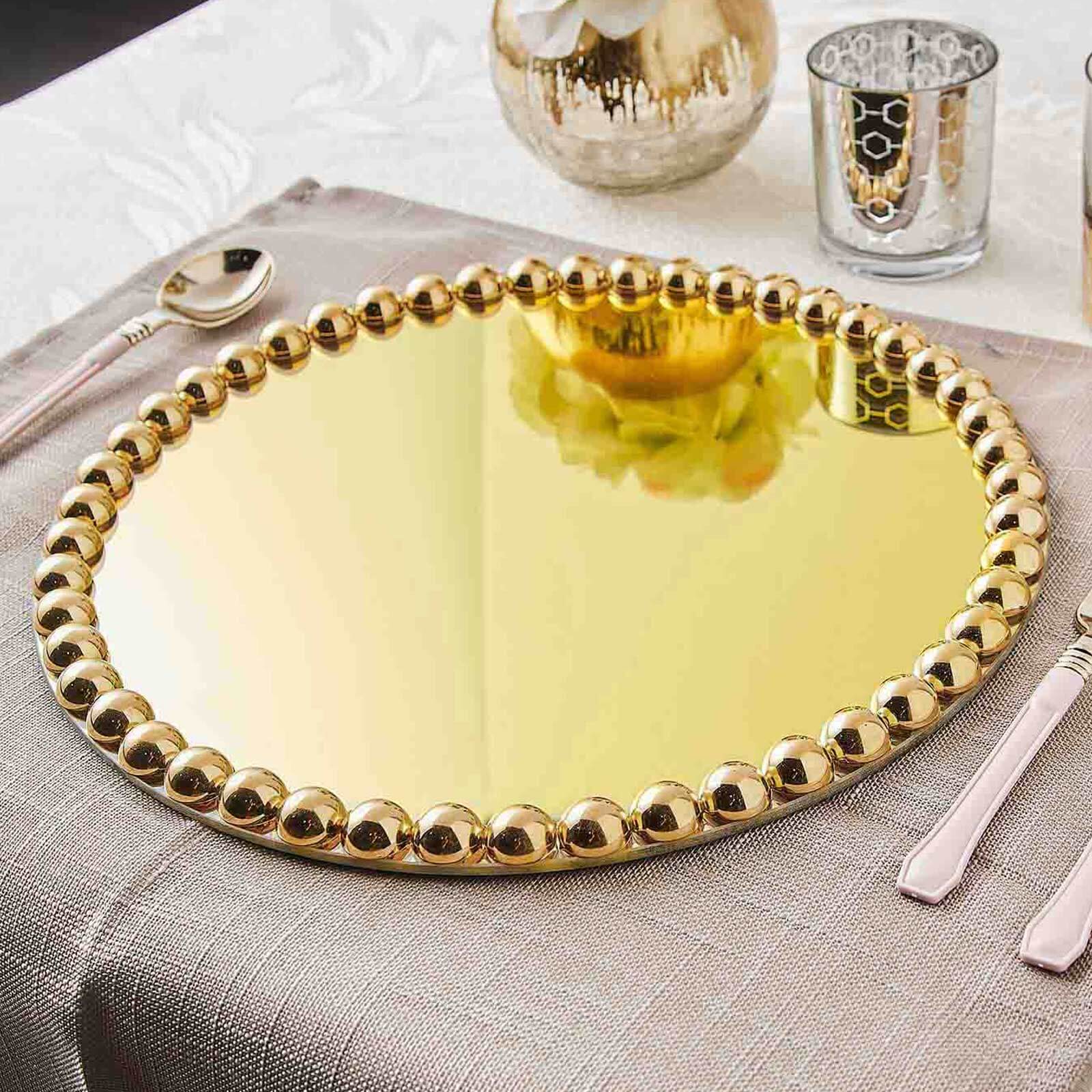 2 Pack Gold  Mirror Glass Charger Plates with Pearl Beaded Rim 13