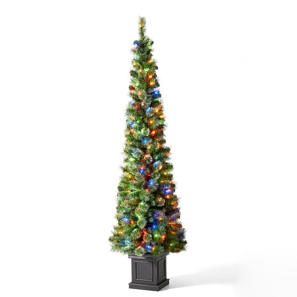 Glitzhome 7ft PreLit Slim Pine Christmas Potted Porch Trees With 200 LED Lights