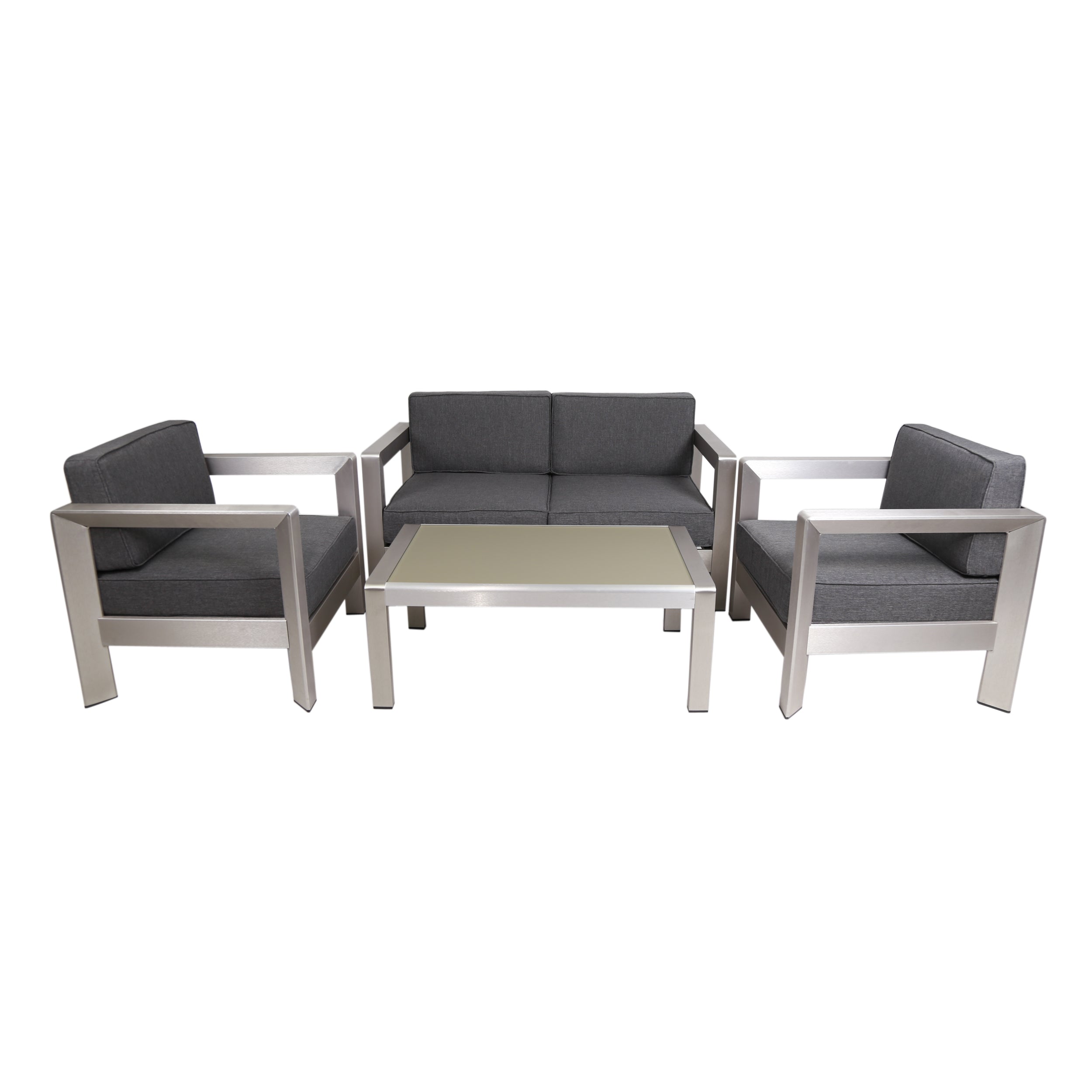 Kenia Outdoor 4-Seater Aluminum Chat Set with Tempered Glass-Topped Coffee Table, Silver and Gray