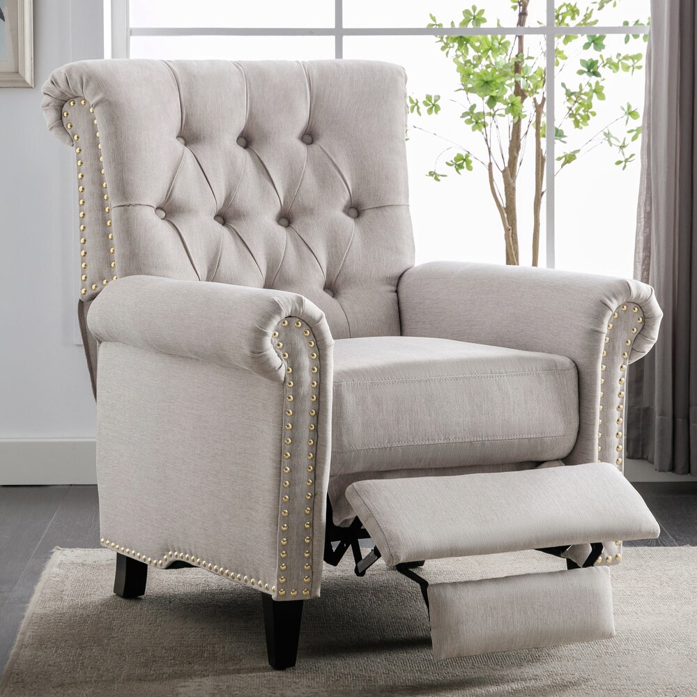 Pushback Linen Tufted Recliner Single Sofa with Nailheads Roll Arm  Adjustable Recliner for Living Room  Bedroom  Office