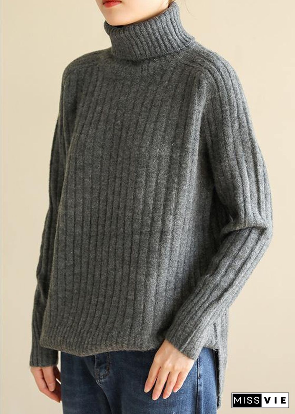 For Spring wild gray knitwear oversize high neck knit blouse