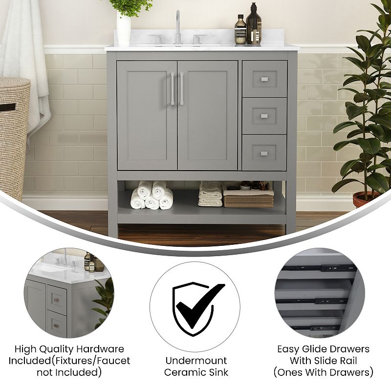 Merrick Lane Vigo Bathroom Vanity with Sink， Open Storage， and Storage Drawers