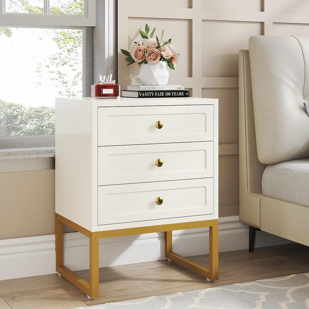 3 Drawer Nightstand  White Modern Sofa End Table  Woode for Bedroom