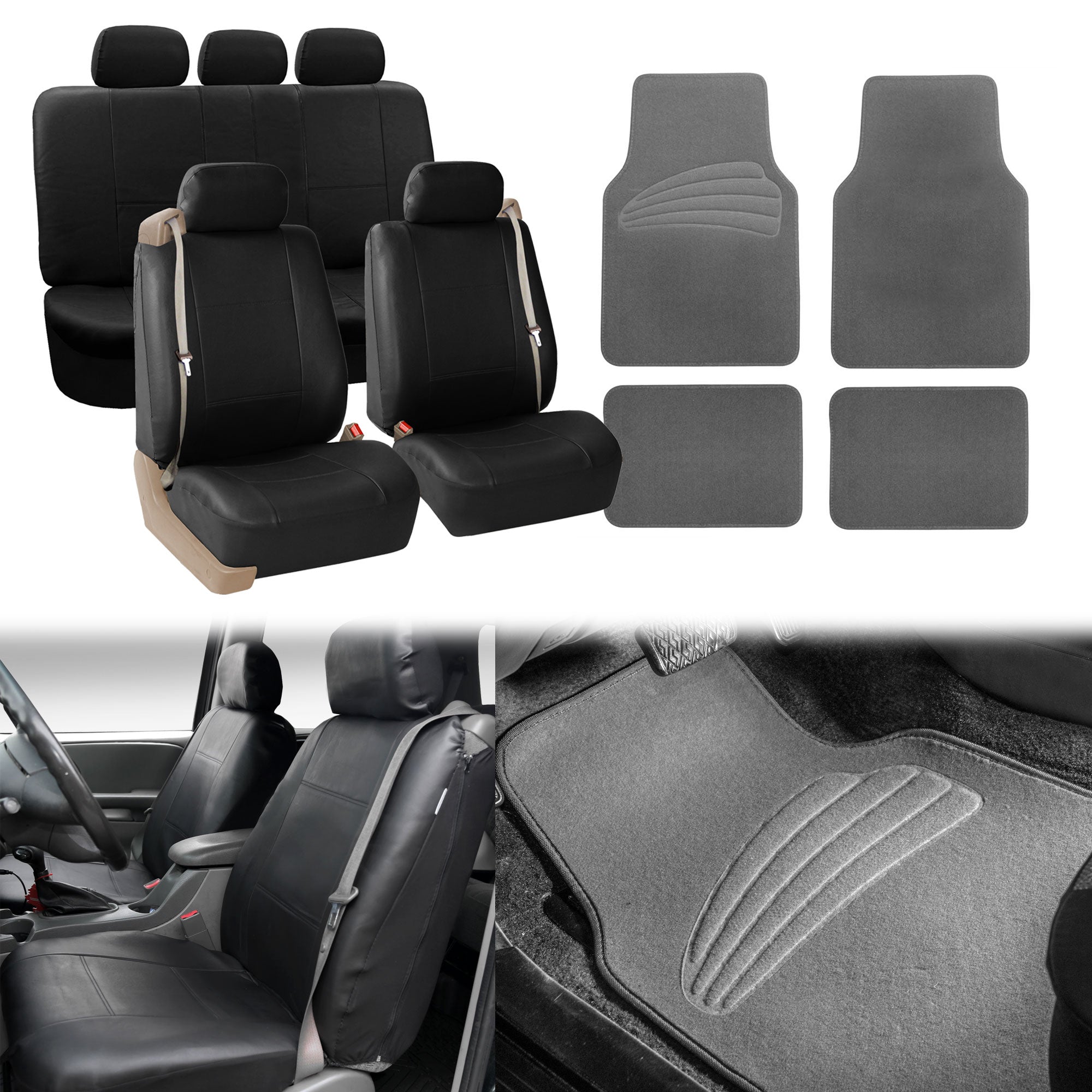 FH Group PU Leather Integrated Seatbelt Seat Covers， Full Set with Gray Carpet Floor Mats， Black