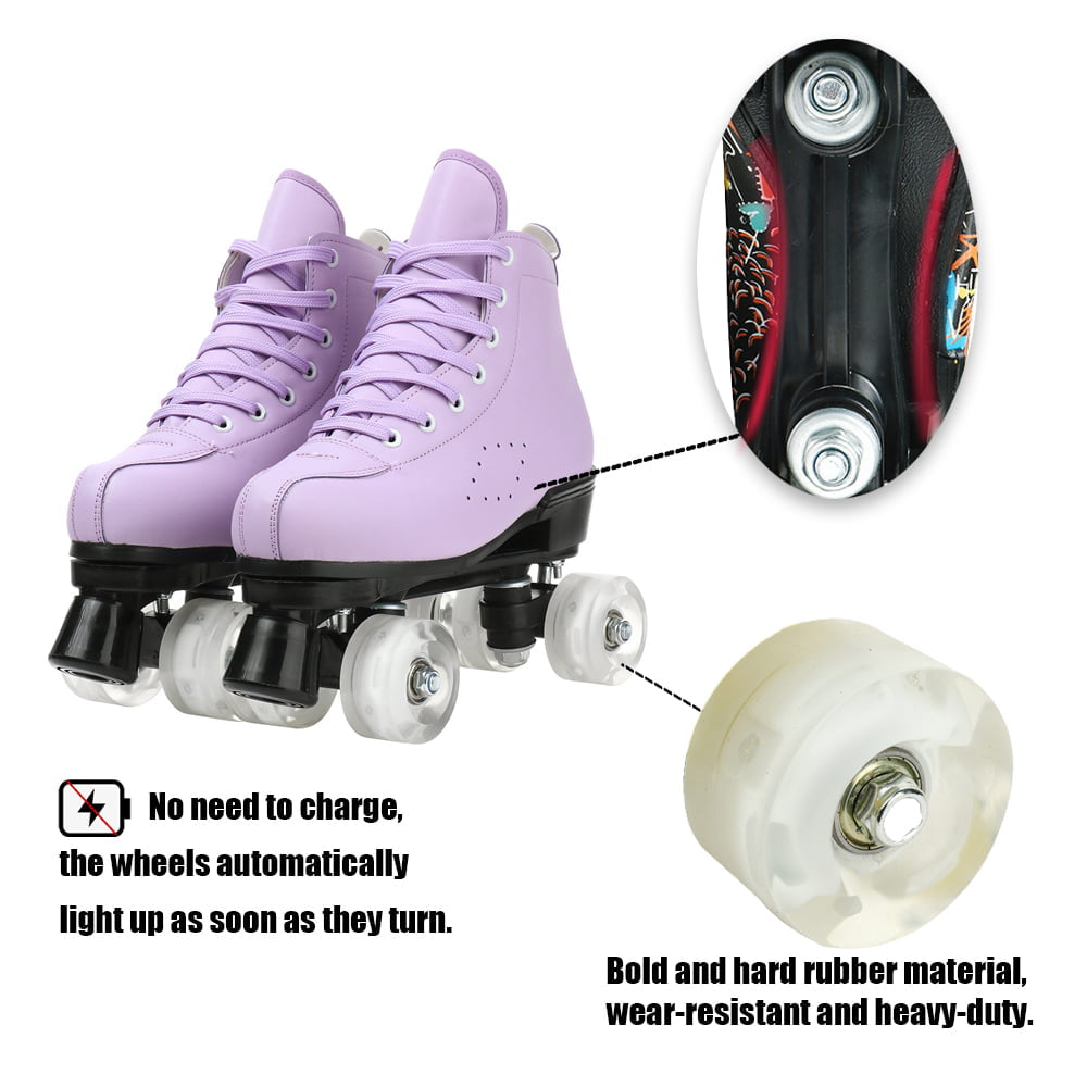 Classic Roller Skates for Adult Cozy Lace-up Quad Skates Retro Double-Row Four Wheels Skates Indoor Outdoor Shiny Roller Skates for Beginner Youth， Purple， 6.5