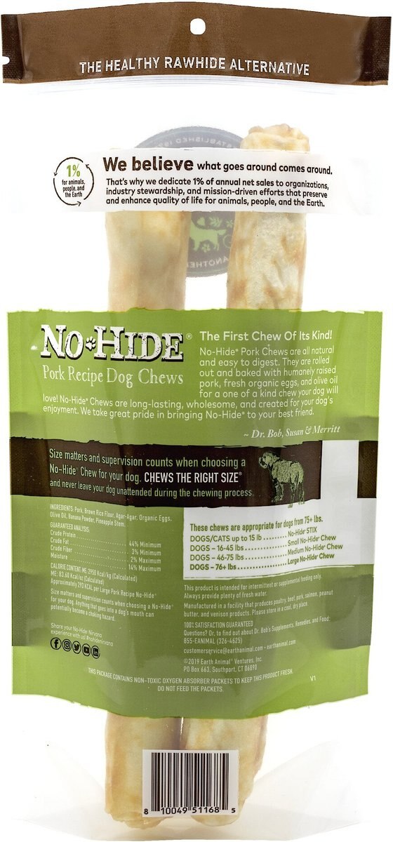 Earth Animal No-Hide Long Lasting Natural Rawhide Alternative Pork Recipe Large Chew Dog Treats， 2 count