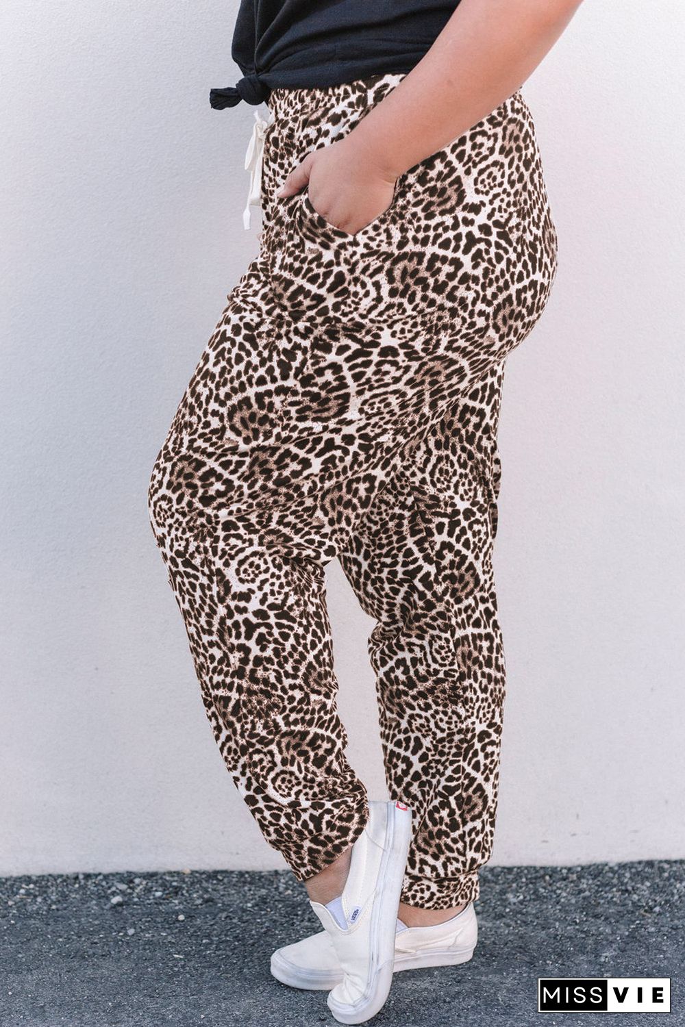 Leopard Print Ripped Drawstring Mid Waist Plus Size Pants