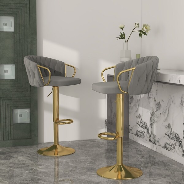 Set of 2 Bar Stool Adjustable Height Swivel Velvet Woven