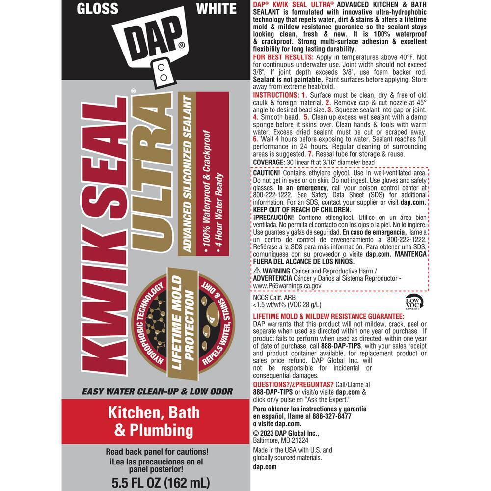 DAP Kwik Seal Ultra 5.5 oz. White Advanced Siliconized Kitchen and Bath Caulk (2-Pack) 7079818901