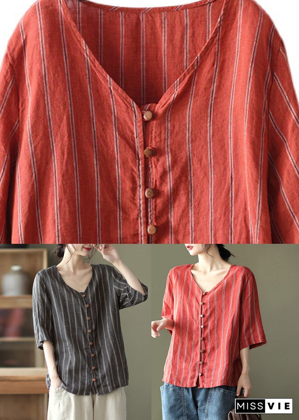 Red V Neck Striped Button Linen Shirts Half Sleeve