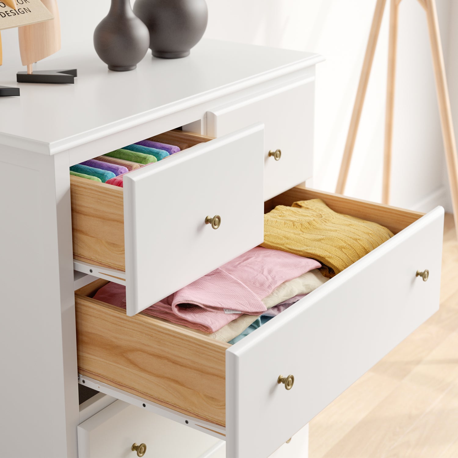 Homfa Horizontal Dresser, Modern Dresser of 5 Drawers, Dresser Chest with Easy Pull Handle for Bedroom, White Finish