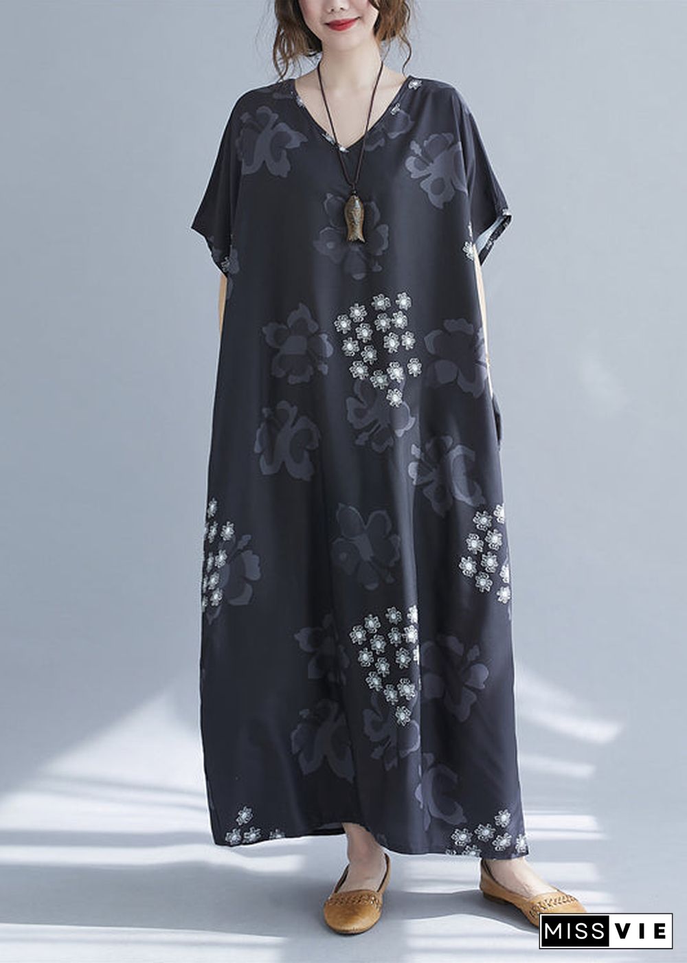 Baggy Black V Neck Snowflake Print Chiffon Long Dresses Short Sleeve