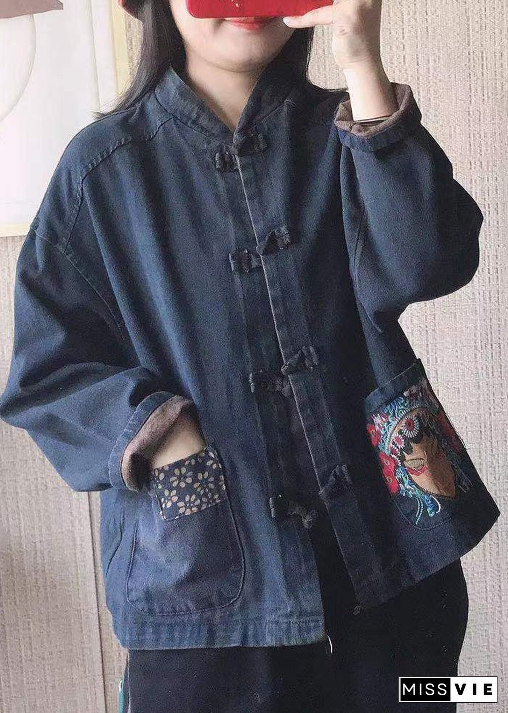 Women Black Stand Collar Embroideried Button Pockets Cotton Denim Coats Long Sleeve