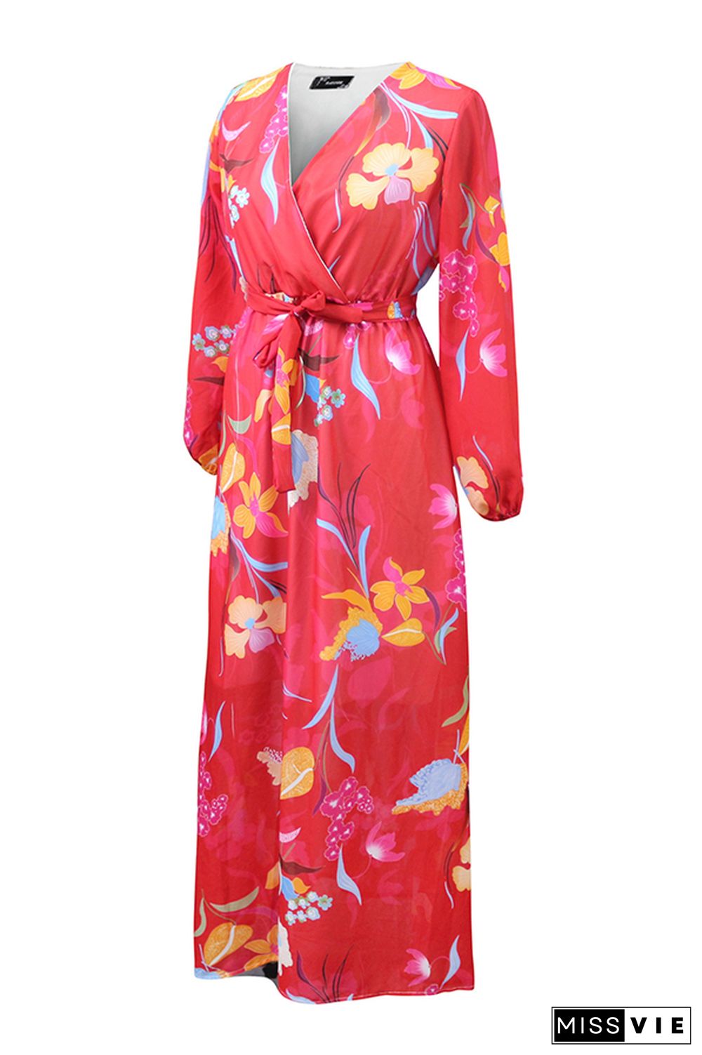 Red Bohemian Floral Printed Blending Floor Length Dress