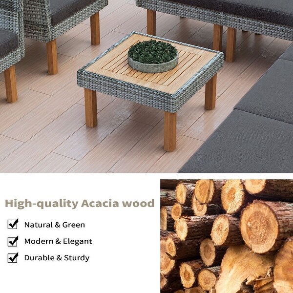 9Piece Patio Rattan Furniture Set，Outdoor Conversation Set With Acacia Wood Legs and Tabletop