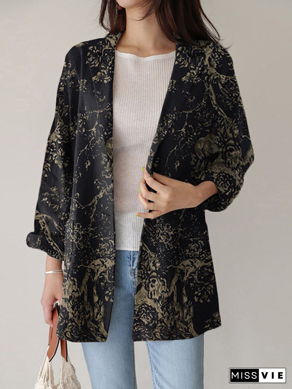 Plants Print Long Sleeve Pocket Button Lapel Blazer