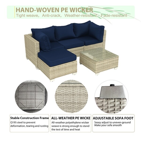 5Piece HandWoven PE Wicker Outdoor Patio Sectional Sofa Set with Cushions and Coffee Table