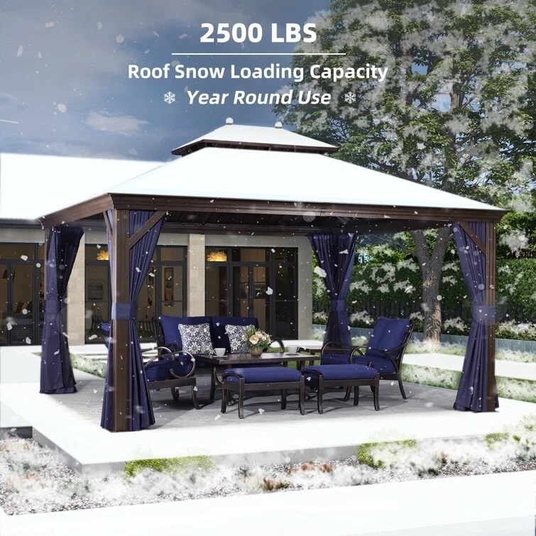 PURPLE LEAF Hardtop Aluminum Gazebo with Curtains and Netting  Double Roof Patio Gazebo  Bulbs included