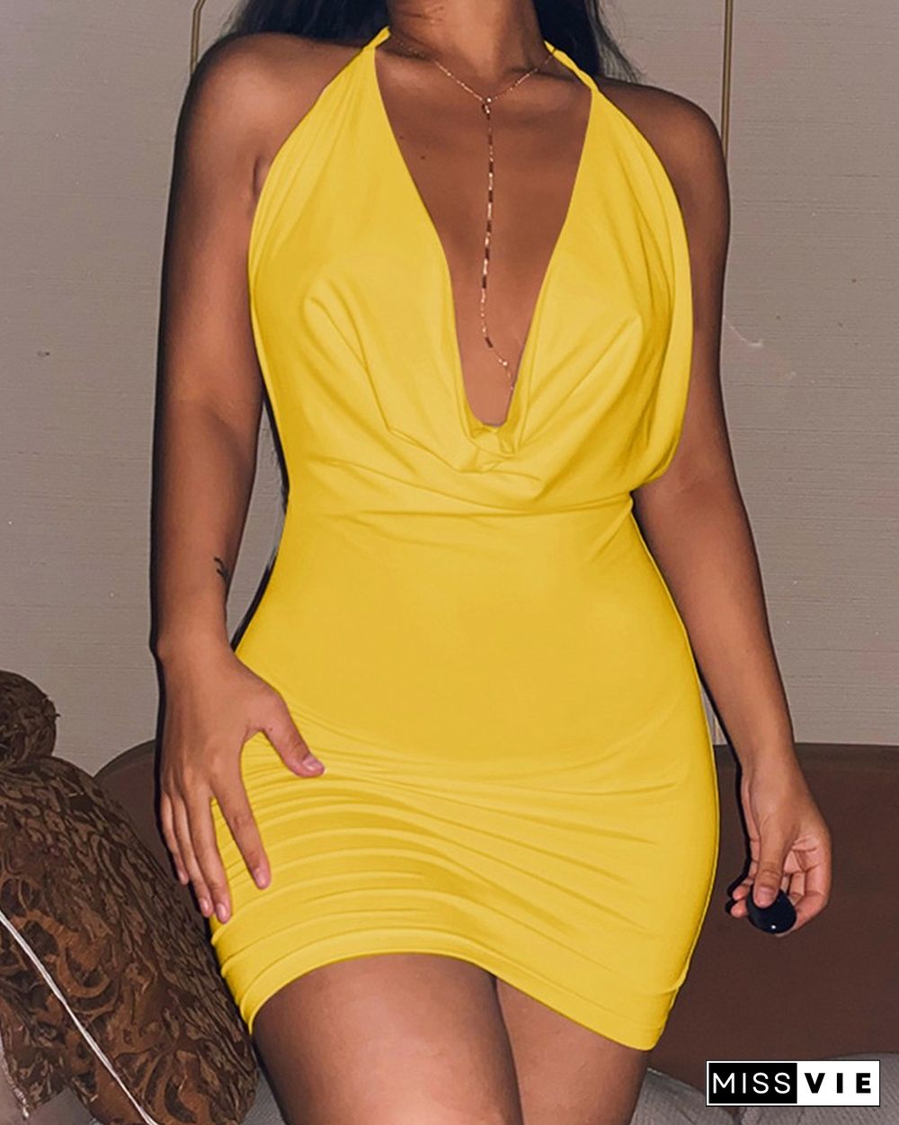 Solid Color Deep V-Neck Bodycon Dress