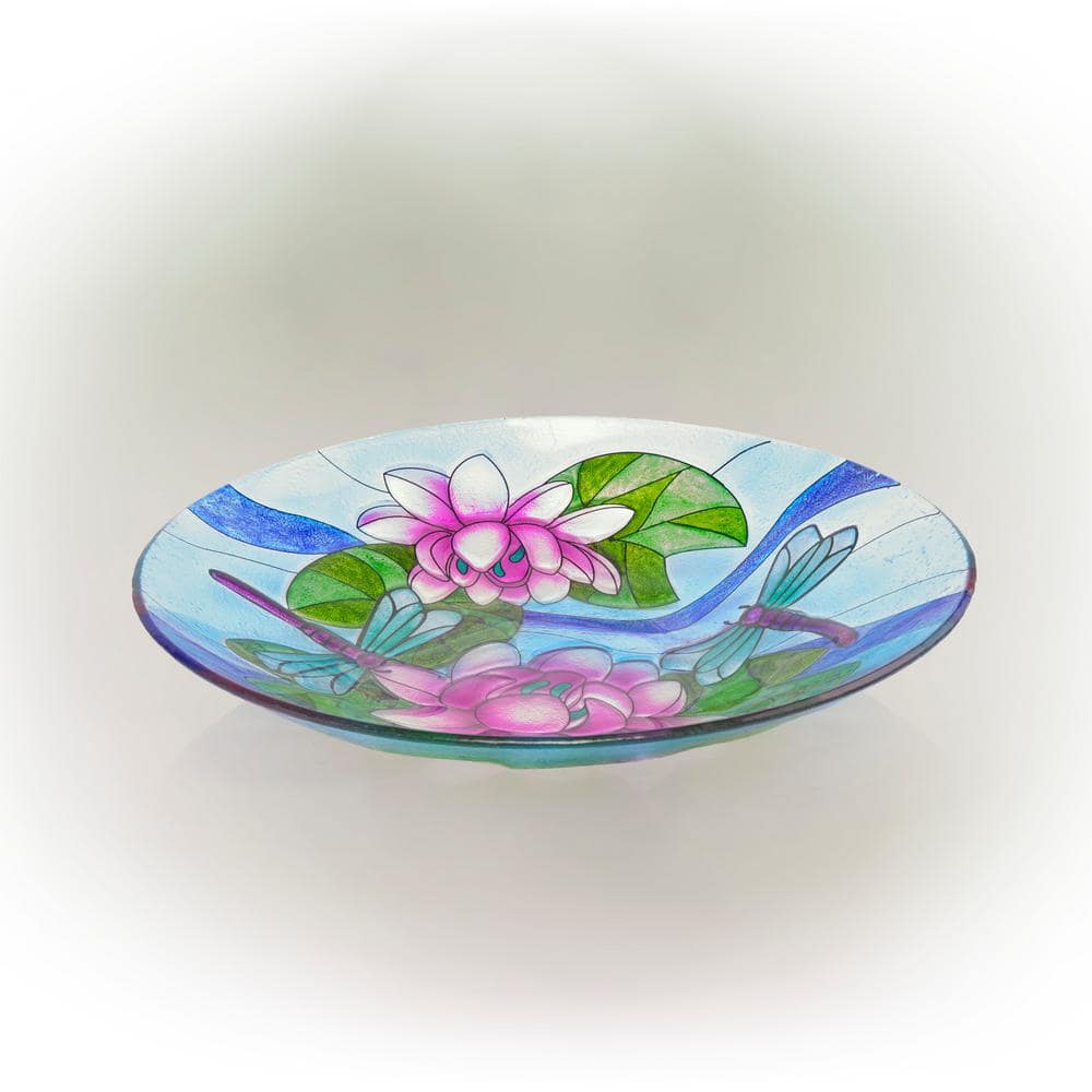 Alpine Corporation 18 in. Glass Birdbath Topper with Purple Dragonfly Painted Finish KPP610T-18