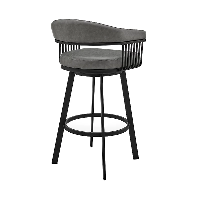 Swivel Barstool with Open Metal Frame and Slatted Arms， Gray and Black